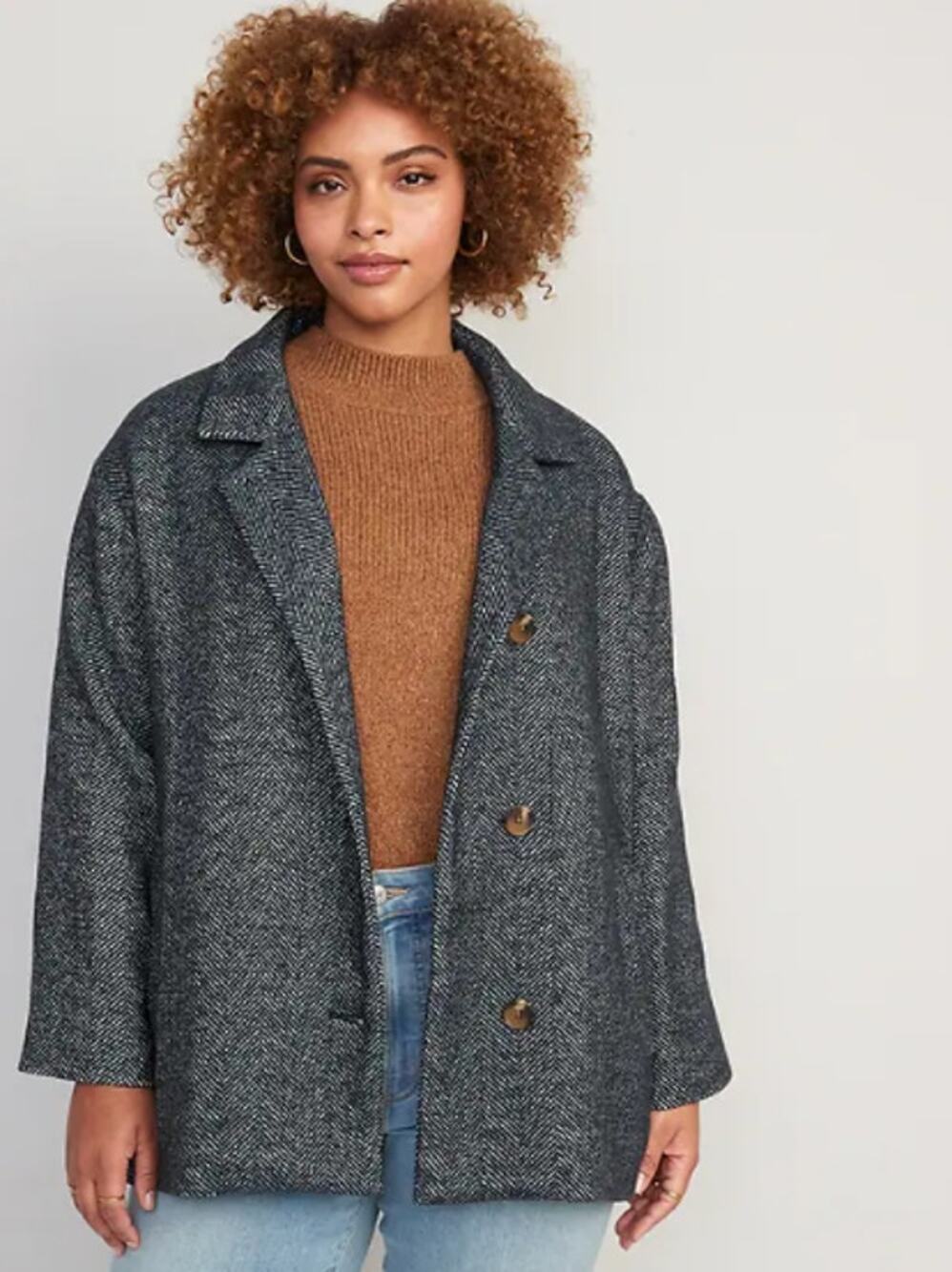Old Navy Womens Soft-Brushed Herringbone Coat Size L Blue Button Front Peacoat